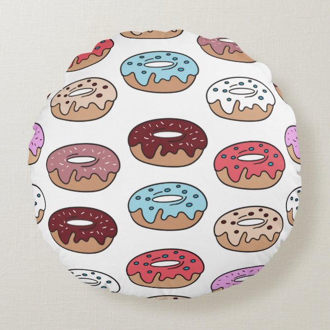 Multi-coloured doughnuts hand drawn seamless patte round pillow (Front)