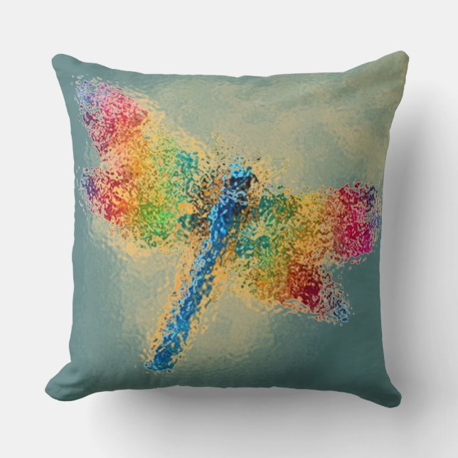 Multi Coloured Dragonfly Teal Throw Pillow (Front)