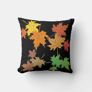 Multi-Coloured Fall Leaves Black Throw Pillow