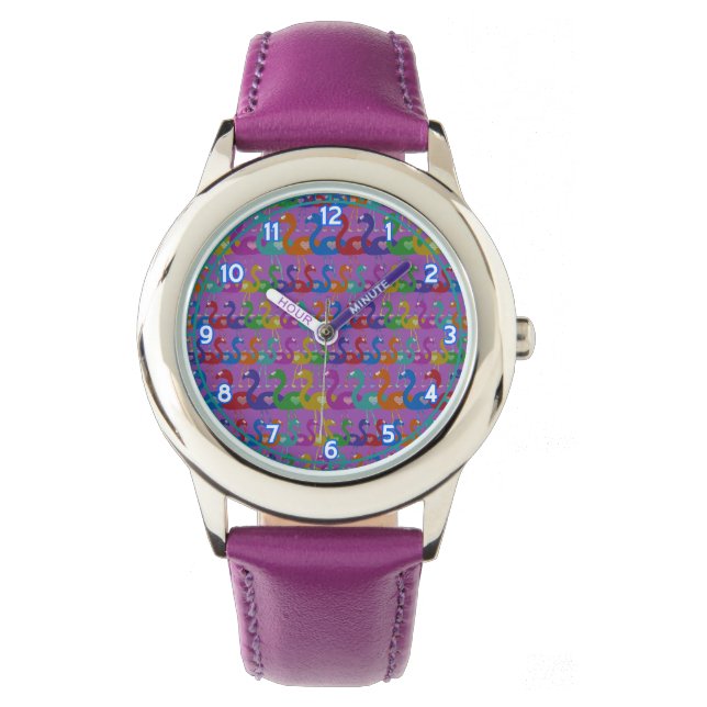 Multi-Coloured Flamingo Wrist Watch with Hearts (Front)