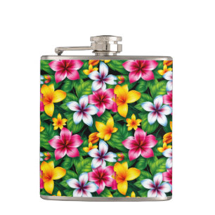 Multi-coloured Flowers and Leaves Pattern-57577 Hip Flask