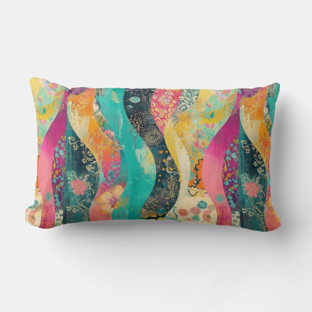 Multi-Coloured Flowers Wave Lumbar Pillow (Front)