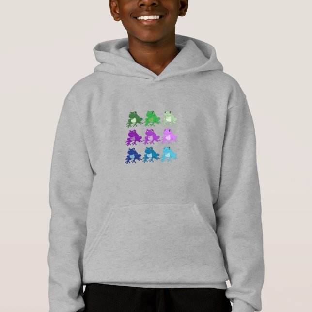 Multi-coloured frogs on kids Grey pullover hoodie (Front)