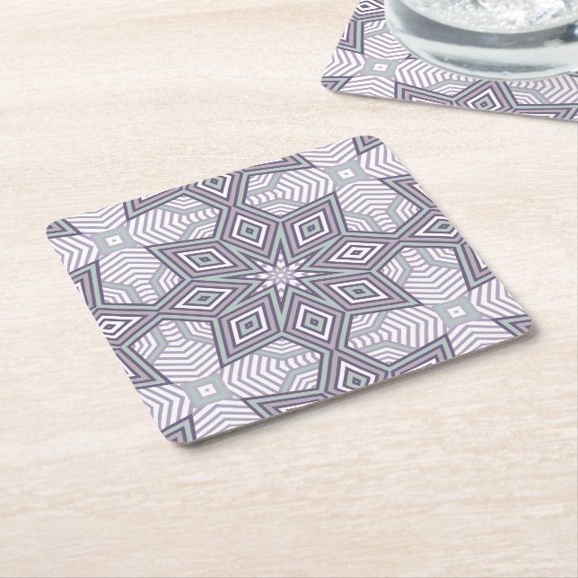 Multi-coloured geometric pattern retro square paper coaster (Angled)