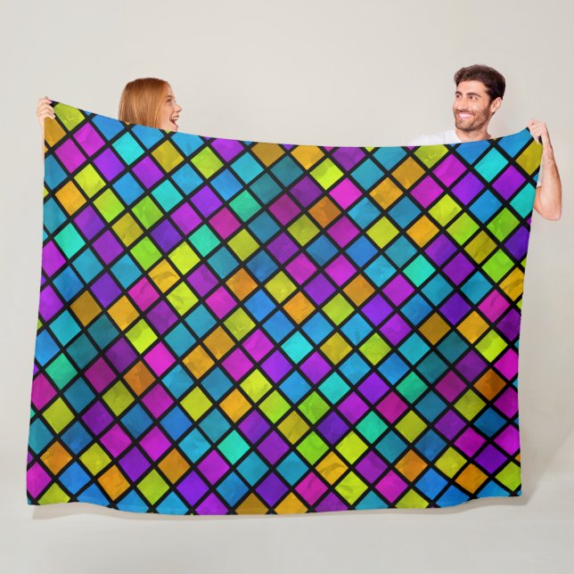 Multi Coloured Jewel Mosaic Design Watercolor Fleece Blanket (In Situ)
