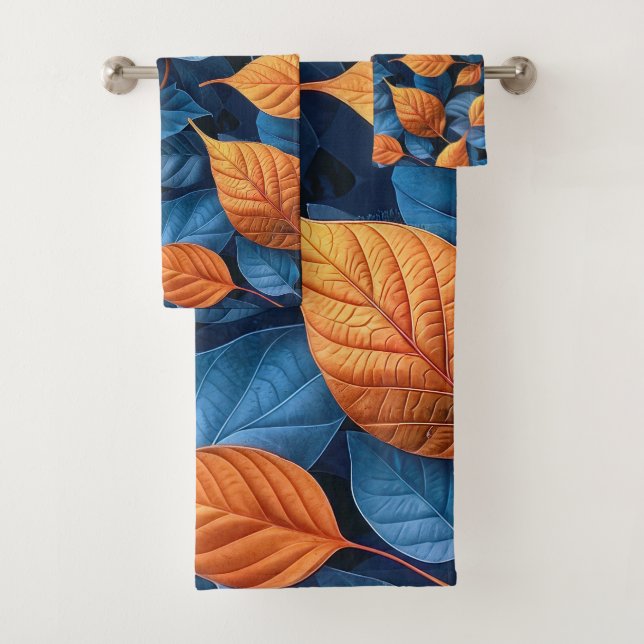 Multi-coloured leaf pattern bath towel set (Insitu)