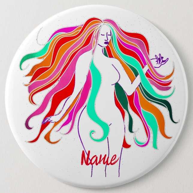Multi-coloured long-haired goddess Thunder_Cove 6 Inch Round Button (Front)