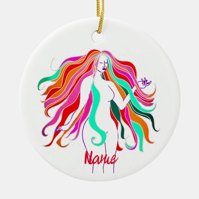 Multi-coloured long-haired goddess Thunder_Cove Ceramic Ornament (Front)