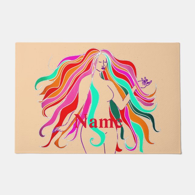 Multi-coloured long-haired goddess Thunder_Cove Doormat (Front)