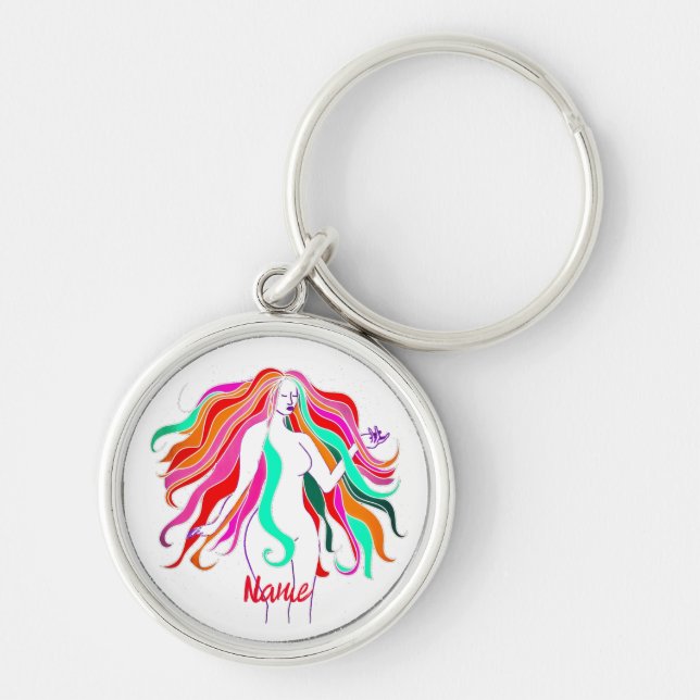 Multi-coloured long-haired goddess Thunder_Cove Keychain (Front)