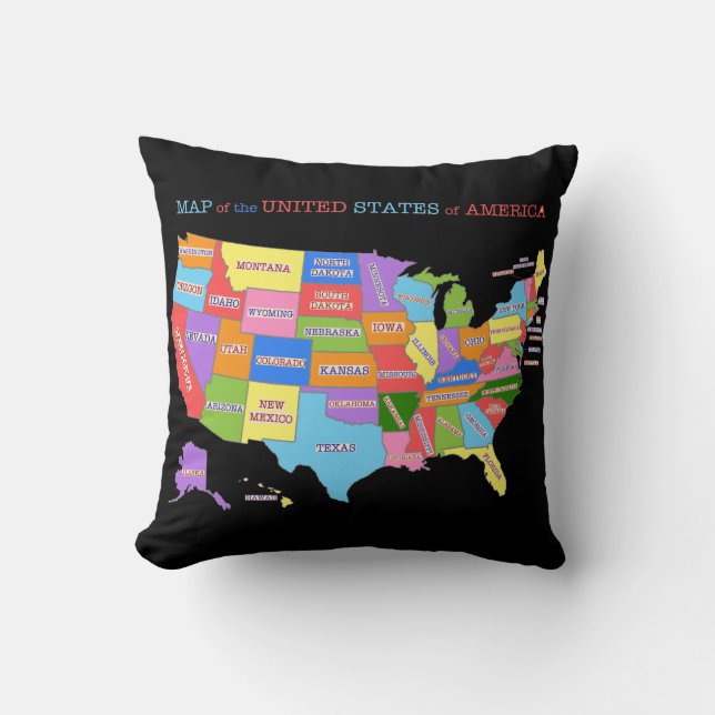 Multi-Coloured Map Of the United States Throw Pillow (Front)