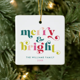 Multi Coloured Modern Merry & Bright Christmas Ceramic Ornament