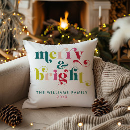 Multi Coloured Modern Merry & Bright Christmas Throw Pillow