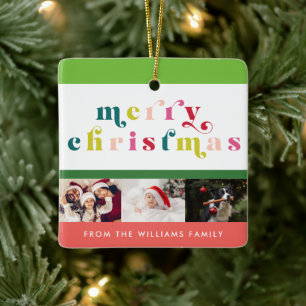 Multi Coloured Modern Merry Christmas Photo Ceramic Ornament