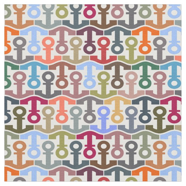 Multi Coloured Nautical Anchor Pattern Fabric (Close Up)