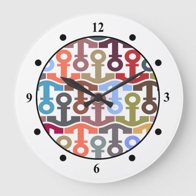 Multi Coloured Nautical Anchor Pattern Large Clock (Front)