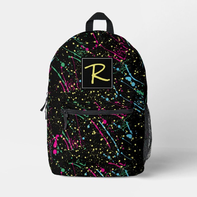 Multi-Coloured Neon Paint Splatters Black Printed Backpack (Front)
