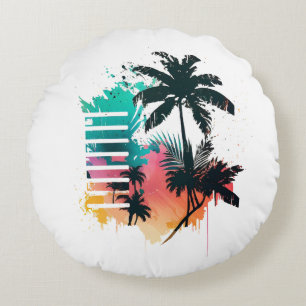 multi-coloured palm tree in retro style hand-drawn round pillow