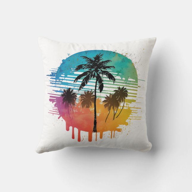 multi-coloured palm tree in retro style hand-drawn throw pillow (Back)