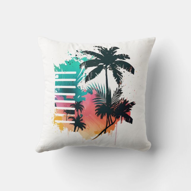 multi-coloured palm tree in retro style hand-drawn throw pillow (Back)