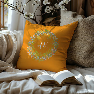 Multi-coloured Pastel Floral Wreath and Monograms Throw Pillow