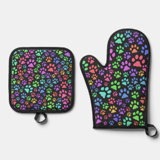 Multi-Coloured Paw Print Design Oven Mitt & Pot Holder Set