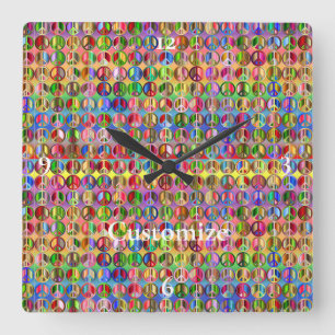 multi-coloured peace symbols pattern square wall clock
