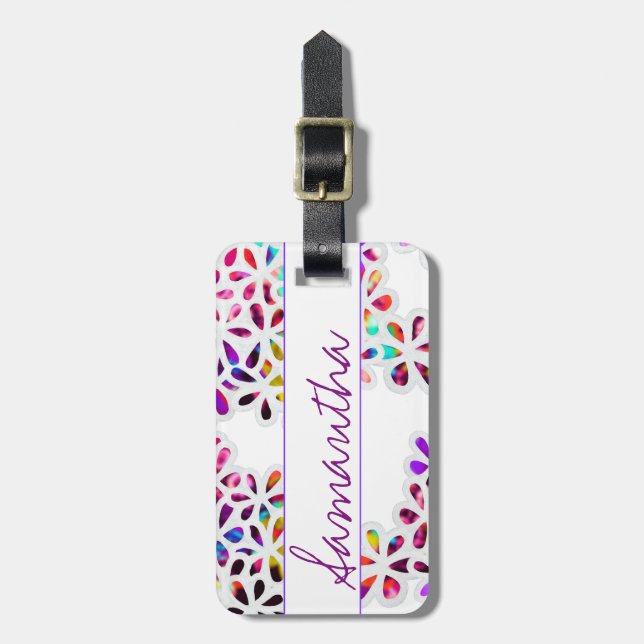 Multi-Coloured Petal Flowers Pattern Monogram Luggage Tag (Front Vertical)