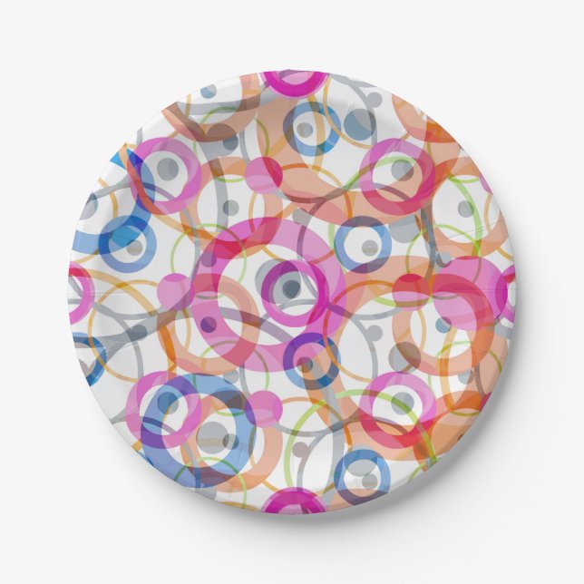 Multi-coloured polka dots, circles on a white paper plate (Front)