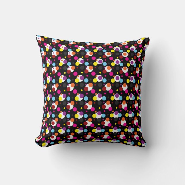 Multi Coloured Polka Dots On Black Throw Pillow (Front)