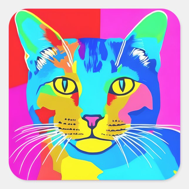 Multi Coloured Pop Art Cat Portrait   Square Sticker (Front)