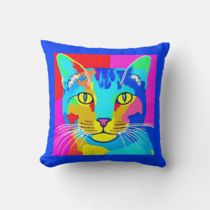 Multi Coloured Pop Art Cat Portrait   Throw Pillow