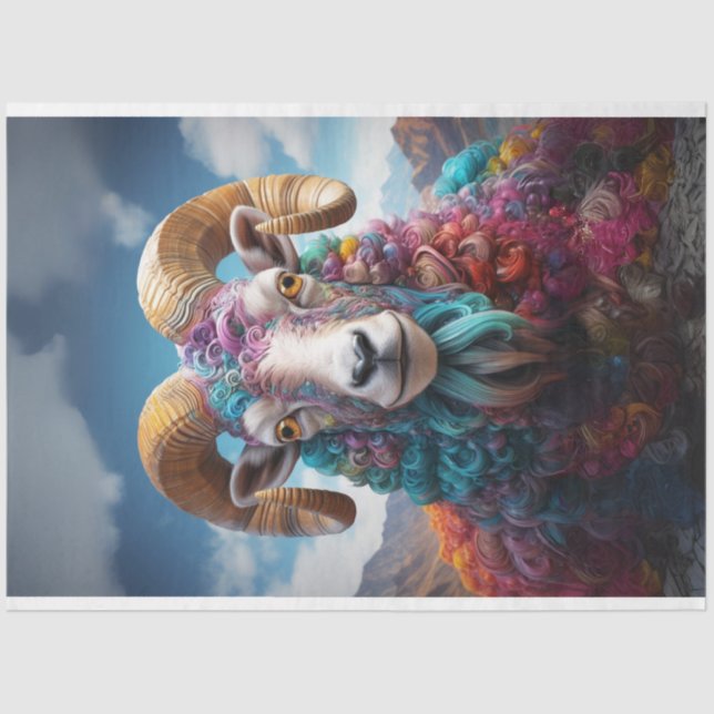 Multi Coloured Ram Large Horns Decoupage Tissue Paper (Front)