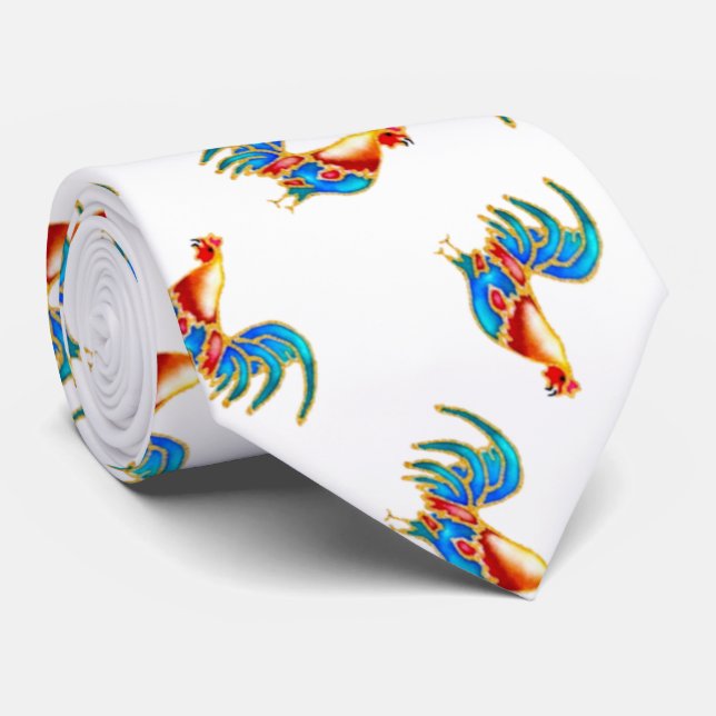multi coloured roosters on white tie (Rolled)