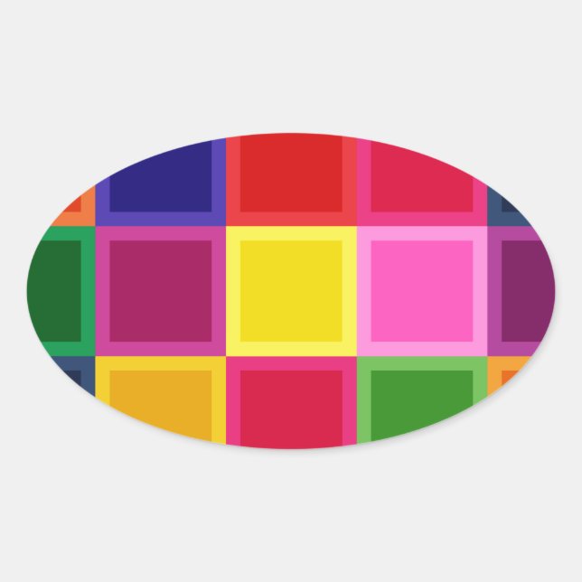 Multi Coloured Squares and Stripes Girly Oval Sticker (Front)