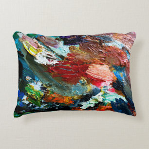 multi-coloured strokes of oil paint on the artist' accent pillow