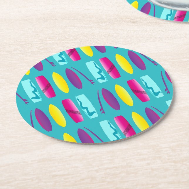 Multi Coloured Surf Board Pattern Cool Beach Sport Round Paper Coaster (Angled)