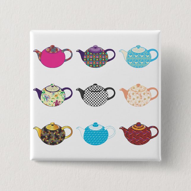 Multi-coloured Tea Kettles 2 Inch Square Button (Front)