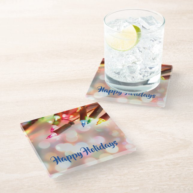 Multi-coloured Twinkle Lights Christmas Bokeh Glass Coaster (Angled)