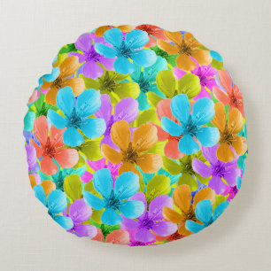 Multi Coloured Vibrant Blossoms, Round Pillow