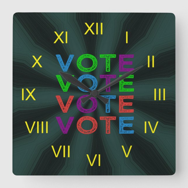 Multi-coloured VOTE Square Wall Clock (Front)