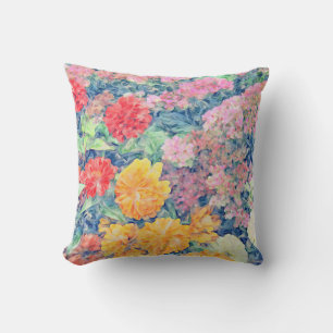 Multi Coloured Zinnia Sedum Painterly-Blue accents Throw Pillow