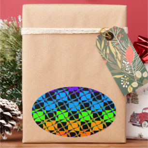 Multi colourful chequered rainbow mirror image oval sticker