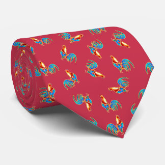 multi colourful crowing roosters on red tie
