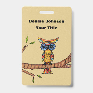 Multi Colours Fantasy Owl on Tree Branch Tan Badge