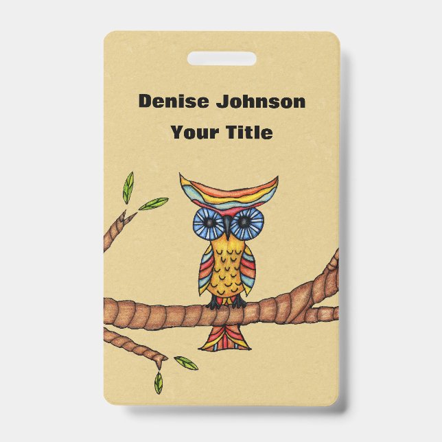 Multi Colours Fantasy Owl on Tree Branch Tan Badge (Front)