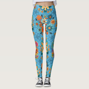 Multi-colours flower pots pattern. black L Blue BG Leggings