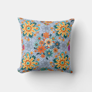 Multi-colours flower pots pattern. black L Blue BG Throw Pillow