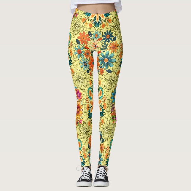 Multi-colours flower pots pattern. black L Yello B Leggings (Front)