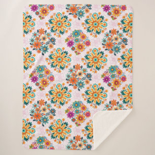 Multi-Colours Flower Pots Pattern - Pink Sherpa Blanket